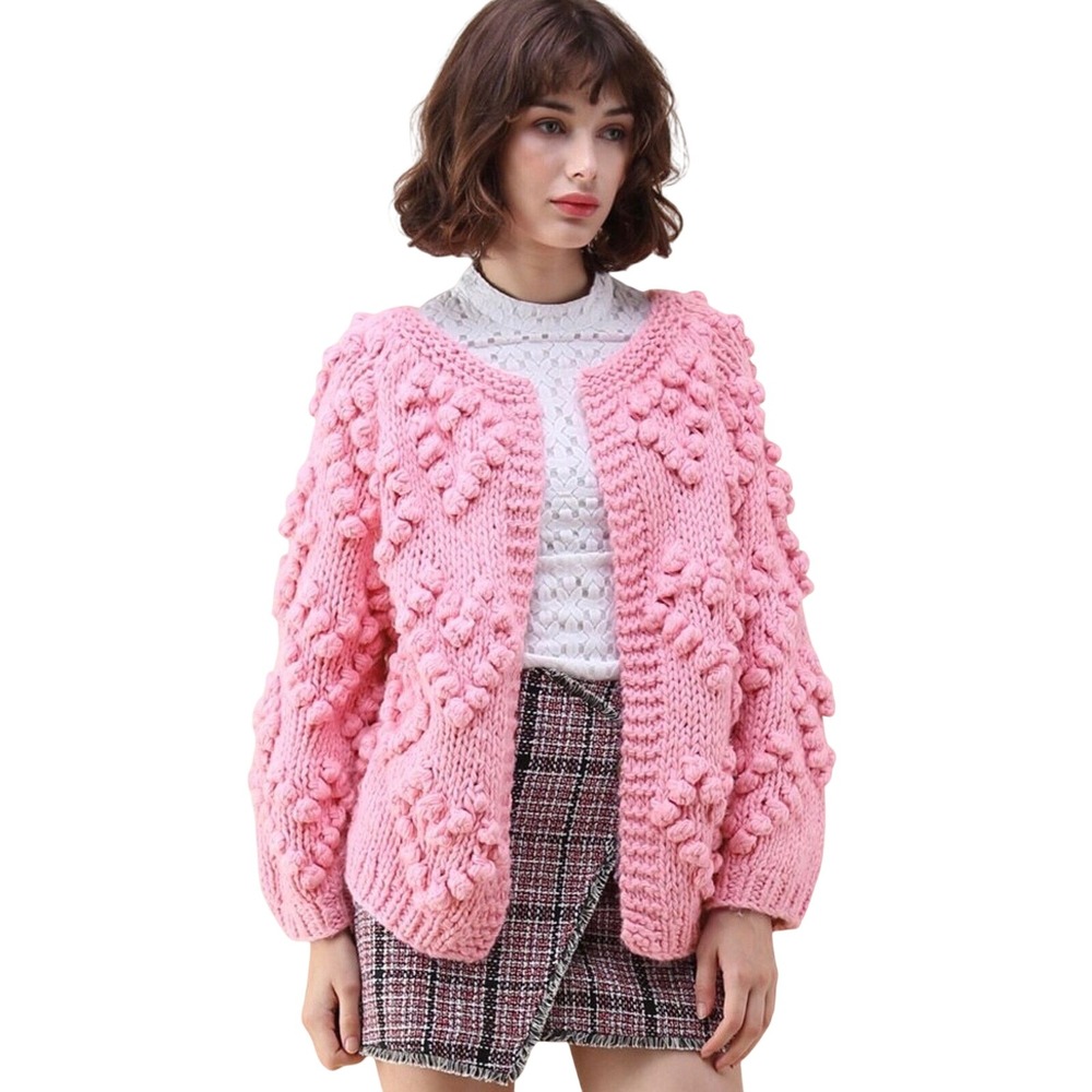 Chicwish Pink Heart Pom Pom Chunky Knit Cardigan Sweater‎ Open Front Wool Blend